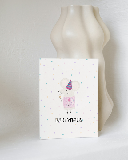Geburtstagskarte mit Maus - Süße Postkarte "Partymaus"