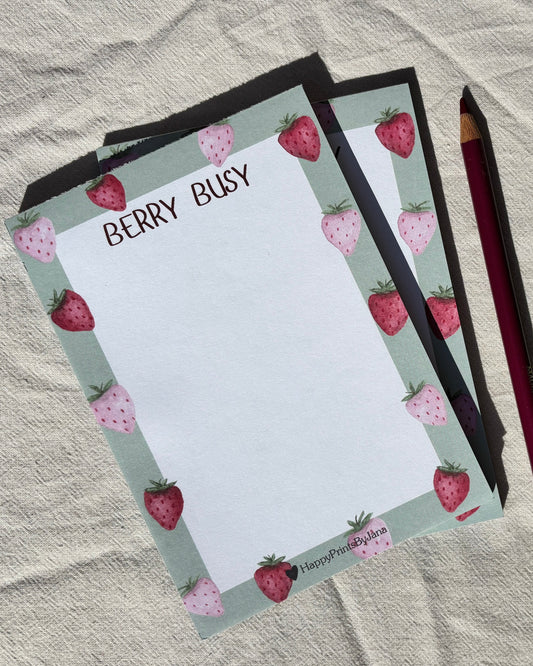 Notizblock "Berry Busy" - Illustrierter Block DIN A6 mit Erdbeeren