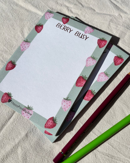 Notizblock "Berry Busy" - Illustrierter Block DIN A6 mit Erdbeeren