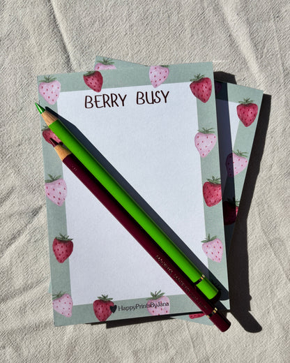 Notizblock "Berry Busy" - Illustrierter Block DIN A6 mit Erdbeeren