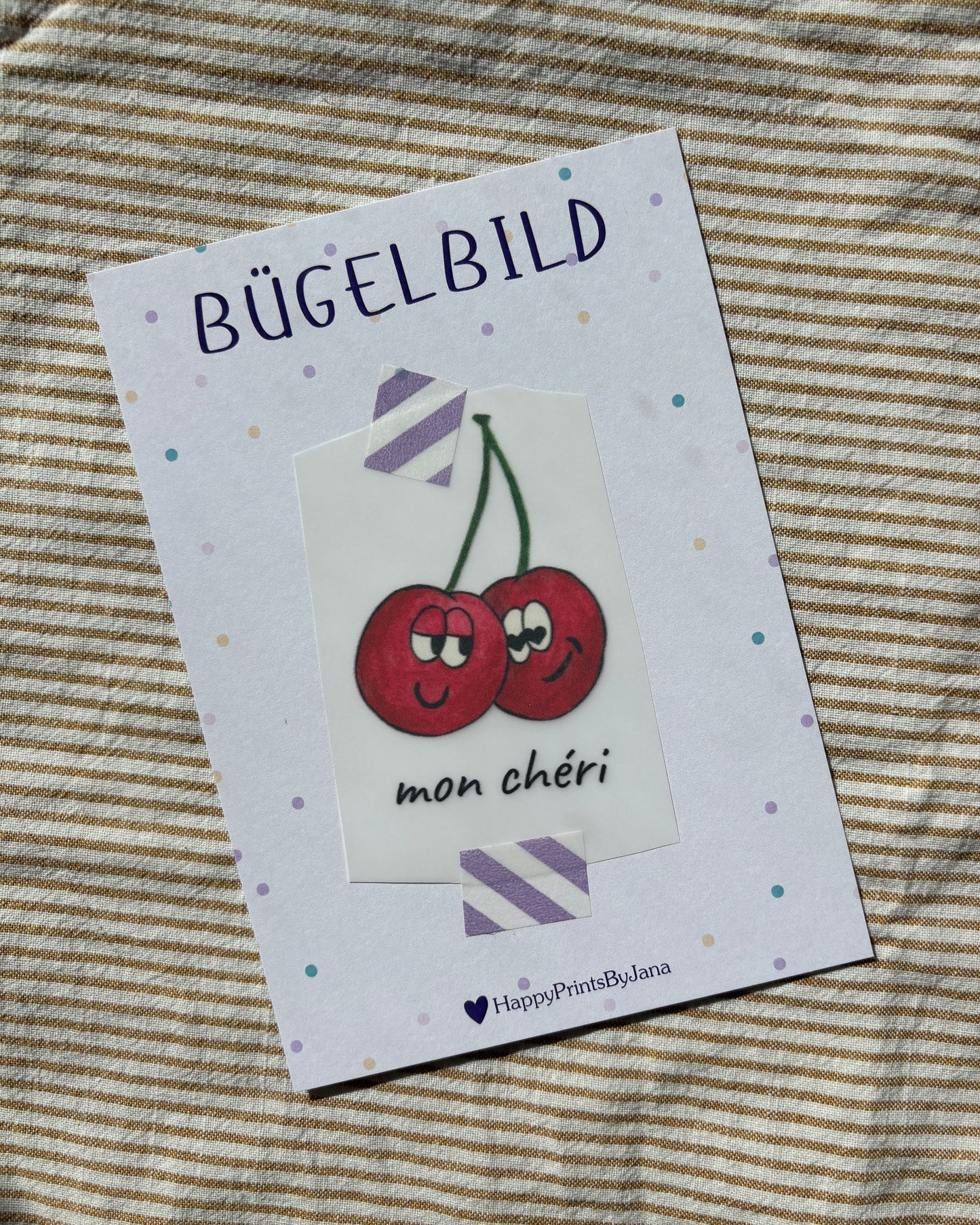 Bügelbild mit Kirschen "mon cheri" - Stylishes Bügelpatch zum Aufbügeln