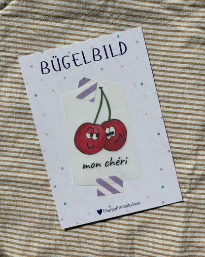 Bügelbild mit Kirschen "mon cheri" - Stylishes Bügelpatch zum Aufbügeln