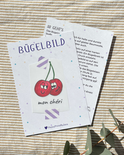Bügelbild mit Kirschen "mon cheri" - Stylishes Bügelpatch zum Aufbügeln