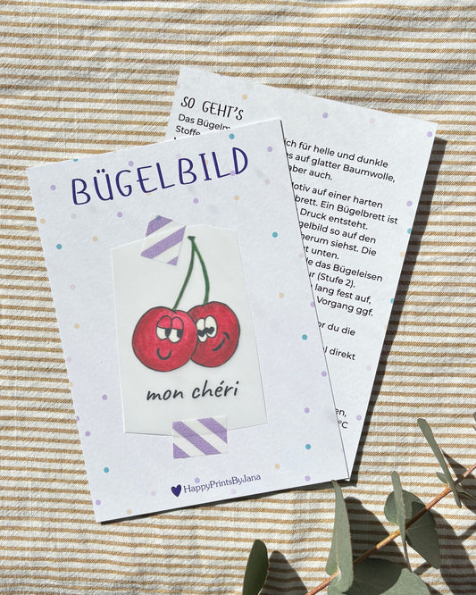 Bügelbild mit Kirschen "mon cheri" - Stylishes Bügelpatch zum Aufbügeln