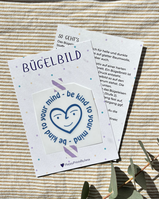 Bügelbild mit Herz "Be Kind to Your Mind" - Achtsames Bügelpatch zum Aufbügeln