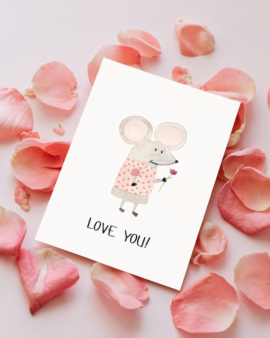 Liebevolle Karte mit Maus - Niedliche Postkarte "Love You!"