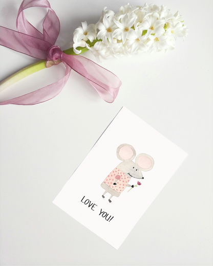 Liebevolle Karte mit Maus - Niedliche Postkarte "Love You!"