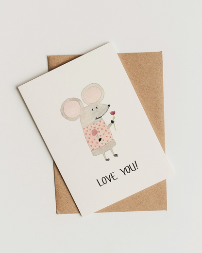 Liebevolle Karte mit Maus - Niedliche Postkarte "Love You!"