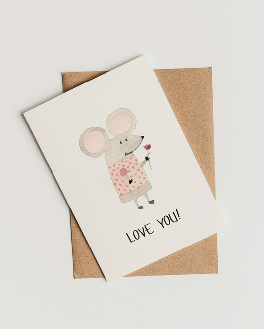 Liebevolle Karte mit Maus - Niedliche Postkarte "Love You!"
