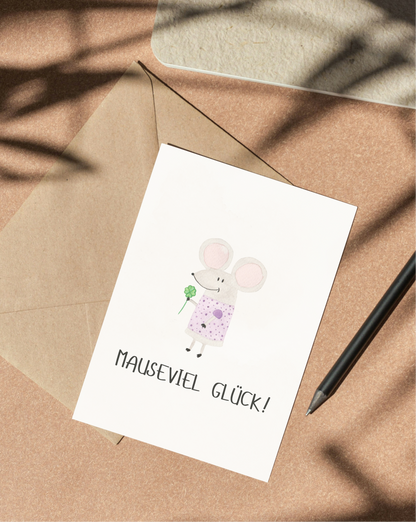 Viel Glück Karte mit Maus - Süße Postkarte "Mauseviel Glück"