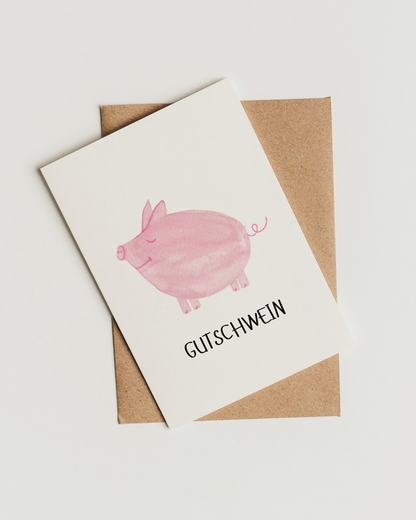 Gutscheinkarte mit Schwein - Lustige Postkarte "Gutschwein"