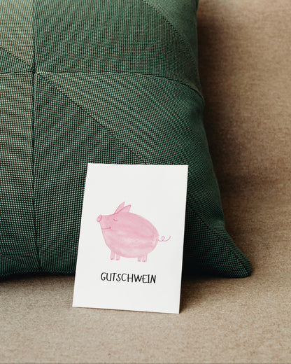 Gutscheinkarte mit Schwein - Lustige Postkarte "Gutschwein"