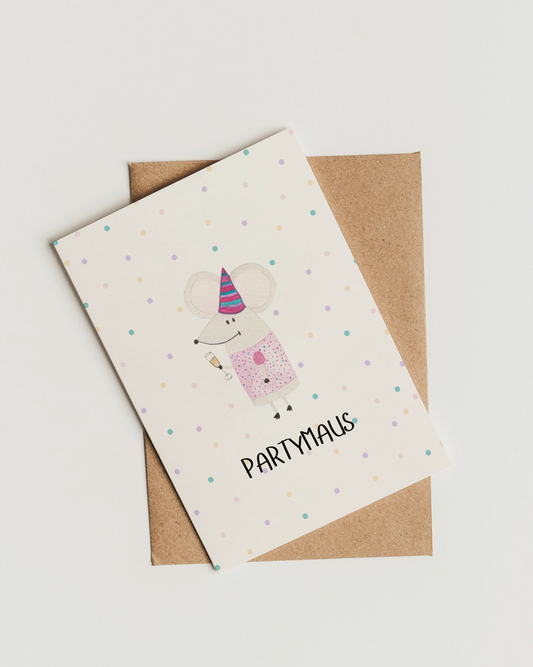Geburtstagskarte mit Maus - Süße Postkarte "Partymaus"