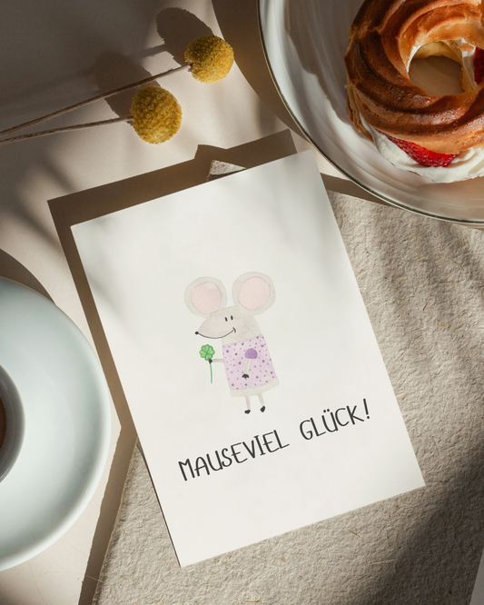 Viel Glück Karte mit Maus - Süße Postkarte "Mauseviel Glück"