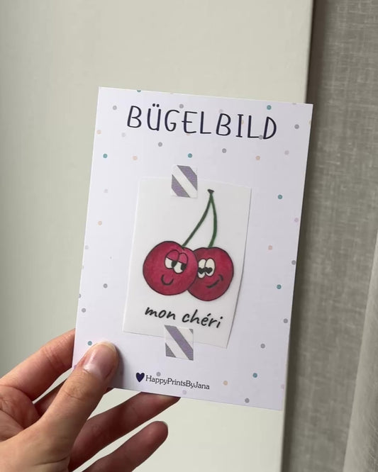 Bügelbild mit Kirschen "mon cheri" - Stylishes Bügelpatch zum Aufbügeln