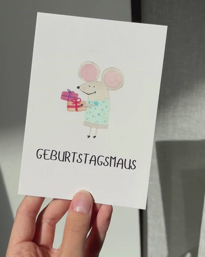 Geburtstagskarte mit Maus - liebevoll illustrierte Postkarte „Geburtstagsmaus"