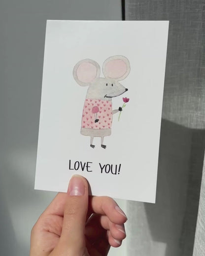 Liebevolle Karte mit Maus - Niedliche Postkarte "Love You!"